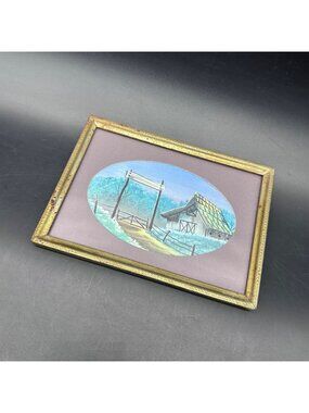 Vintage Framed Farmhouse Landscape Painting Rustic Barn Artwork Gold Tone Frame